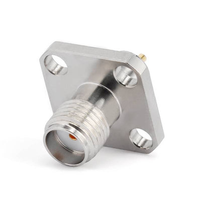 SMA Female Panel Mount Connector | 4 Hole Flange | Hole Spacing 8.6mm | Metal Feedthrough | Round PCB Pin (0.8mm) | DC -26.5 GHz