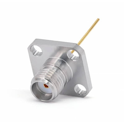 SMA Female Panel Mount Connector | 4 Hole Flange | Hole Spacing 8.6mm | Air Line Feedthrough | Round Tail Pin (0.64mm Dia × 18mm Length) | DC-26.5 GHz