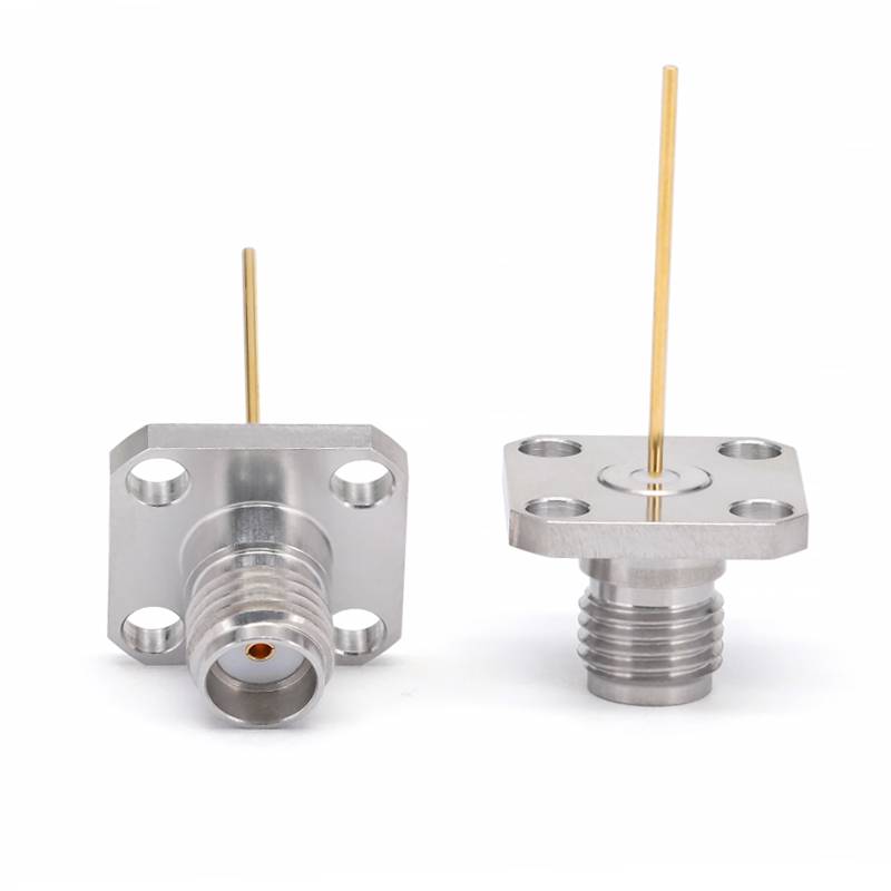 SMA Female Panel Mount Connector | 4 Hole Flange | Hole Spacing 8.6mm | Air Line Feedthrough | Round Tail Pin (0.64mm Dia × 18mm Length) | DC-26.5 GHz