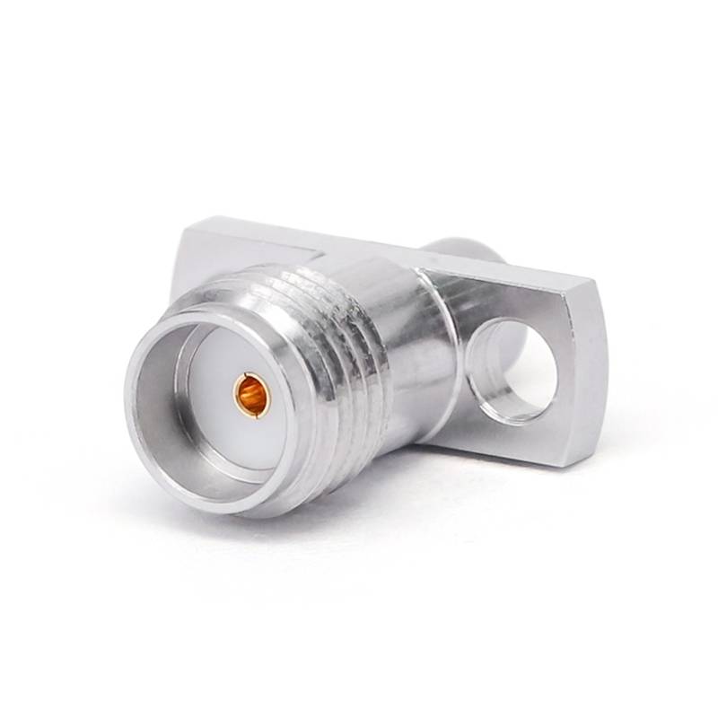 SMA Female Panel Mount Connector | 2Hole Flange | Hole Spacing 8.6mm | Metal Feedthrough | Metal Core (4mm Dia x 3mm Length) | Round PCB Pin (0.38mm Dia x 2mm Length) | DC -26.5 GHz