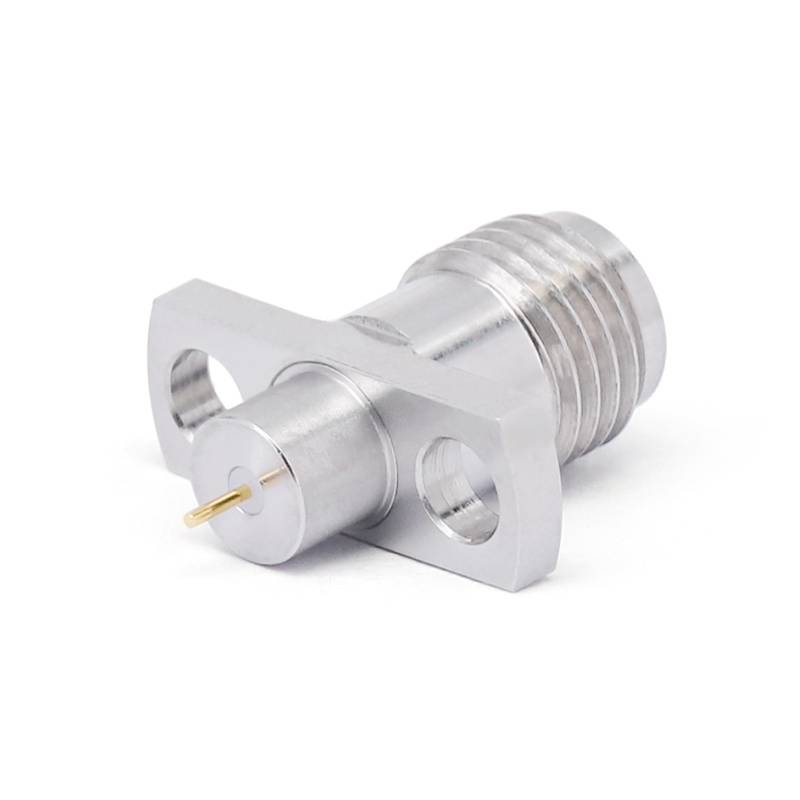 SMA Female Panel Mount Connector | 2Hole Flange | Hole Spacing 8.6mm | Metal Feedthrough | Metal Core (4mm Dia x 3mm Length) | Round PCB Pin (0.38mm Dia x 2mm Length) | DC -26.5 GHz