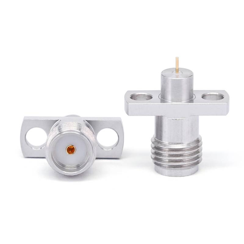 SMA Female Panel Mount Connector | 2Hole Flange | Hole Spacing 8.6mm | Metal Feedthrough | Metal Core (4mm Dia x 3mm Length) | Round PCB Pin (0.38mm Dia x 2mm Length) | DC -26.5 GHz
