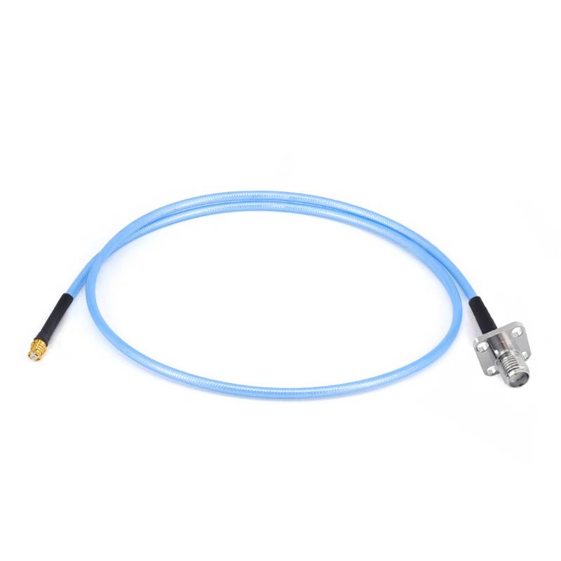 SMA 4 hole Flange Female to GPO(SMP) Right Angle Female Cable Assembly | 086" Semi-Flexible Coax Cable with FEP Jacket | DC - 18GHz